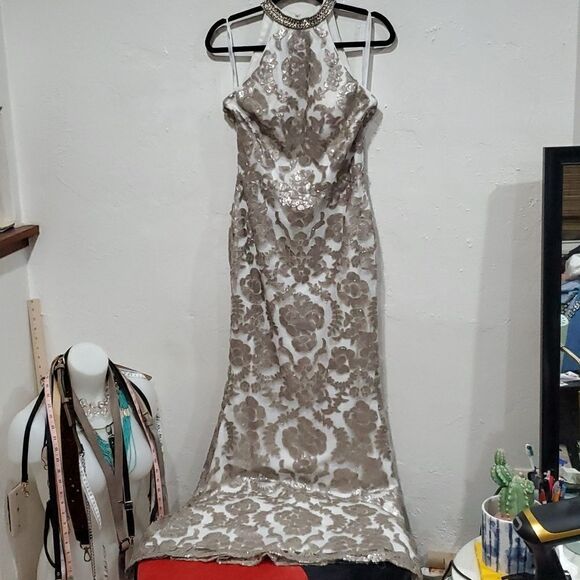 Sparkle Backless Prom Dress Full Length Beaded Style 71958 in Ivory/Palomino - Picture 3 of 15